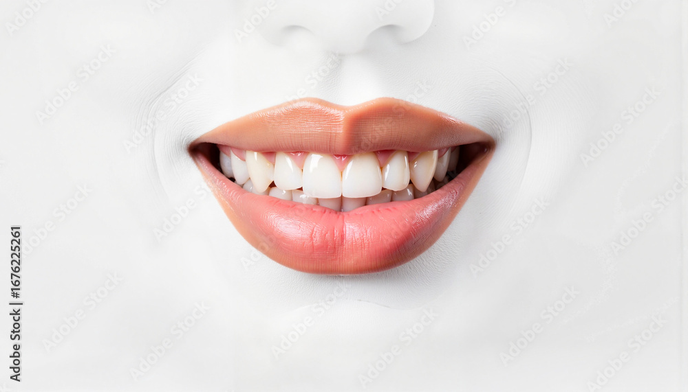 Naklejka premium Realistic smiling mouth close-up, joyful expression, minimal background -