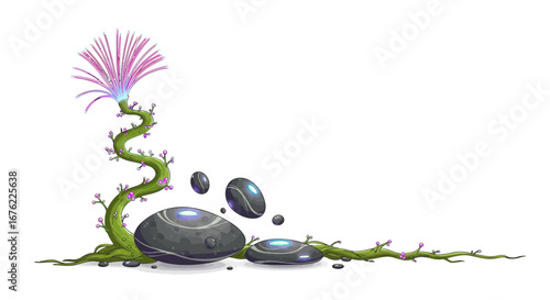 Futuristic floral fantasy with glowing stones and alien plant