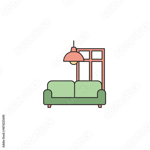 Minimalist living room icon with a green sofa pink pendant lamp and window frame.