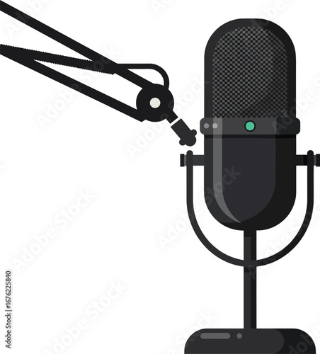A professional condenser microphone on a stand, designed for high-quality audio recording, perfect for podcasting, broadcasting, voice-overs, and professional studio sessions.