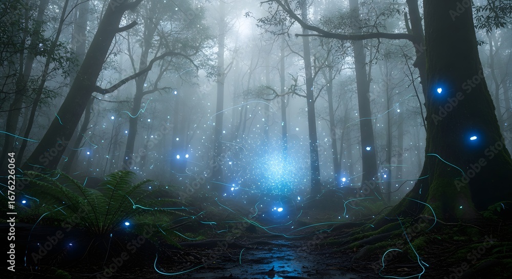 Obraz premium Enchanting forest path with glowing blue lights and misty atmosphere