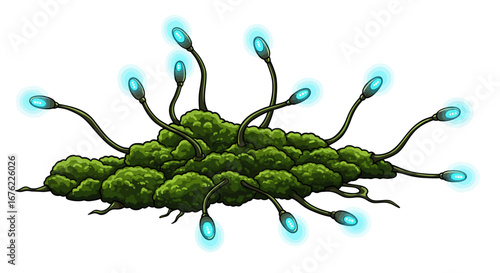 Glowing bio-luminescent plants with futuristic blue lights on white background