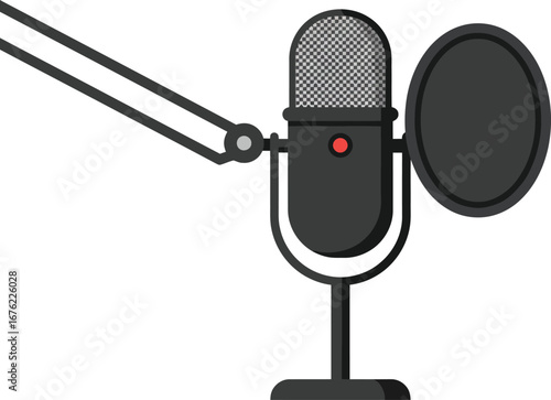 A sleek professional studio microphone with a pop filter and adjustable boom arm, an essential tool for high-quality audio recording, perfect for podcasting, streaming, and music production.