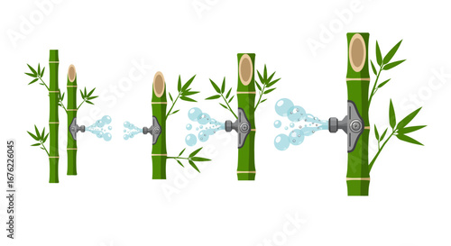 Bamboo water fountain design with flowing water and green leaves