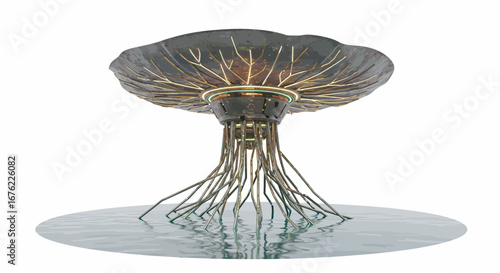 Futuristic metal structure with organic design on a reflective surface