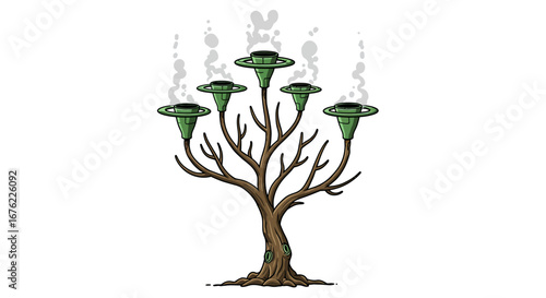 Surreal tree with smoky funnel branches in artistic fantasy style