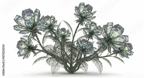 Crystal flower arrangement with iridescent petals and intricate branches