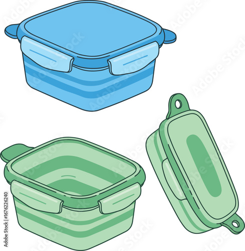 A versatile set of collapsible food storage containers in blue and green, ideal for meal preparation and saving space, with secure clasps for a leak-proof seal.