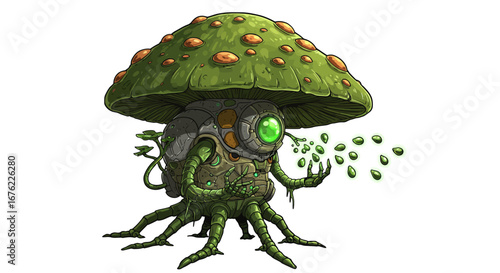 Futuristic robotic mushroom creature with glowing elements and tentacle arms