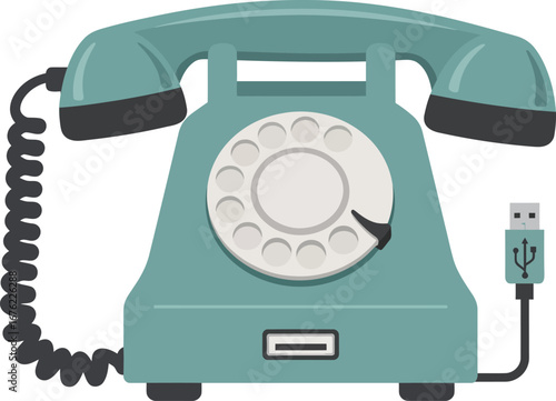 a vintage rotary telephone in a stylish blue color, surprisingly connected to a modern USB cable, creatively symbolizing the evolution of communication and digital transformation.