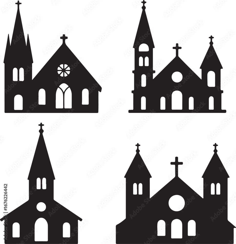 Obraz premium church set vector silhouttee on white background