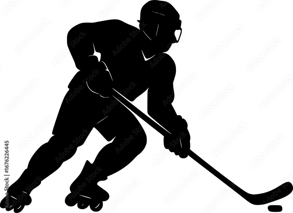 Fototapeta premium Roller Hockey Player Skating Silhouette Vector Black and White Minimalist Sports Illustration