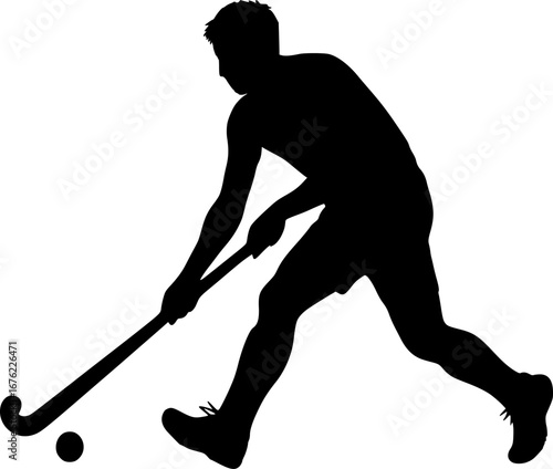 Black and white silhouette of a field hockey player dribbling the ball. Vector illustration for sports design, team competition, training graphics, logos, and modern creative projects
