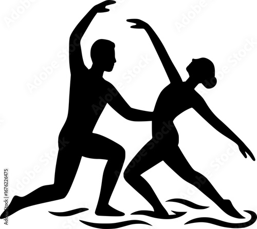Minimalist silhouette of duet water dance in synchronized swimming. Vector illustration for aquatic sports, artistic performance, competition graphics, and modern creative projects