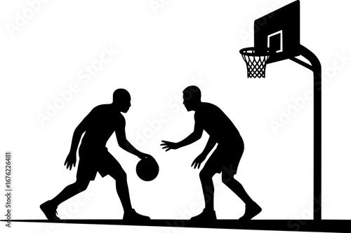 Minimalist silhouette of one-on-one street basketball players. Vector illustration for urban sports design, competition graphics, logos, and modern creative projects
