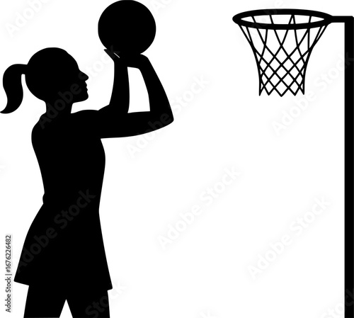 Minimalist silhouette of a netball shooter aiming at the hoop. Vector illustration for team sports design, competition graphics, athletic logos, and modern creative projects