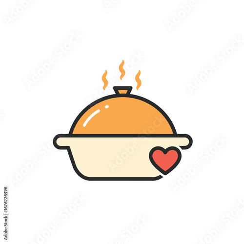 A steaming hot casserole dish with an orange lid and a red heart symbol representing homecooked meals made with love.
