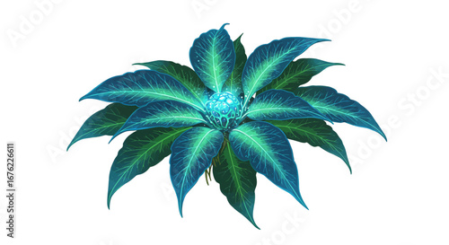 Vibrant blue fantasy plant with glowing center on white background
