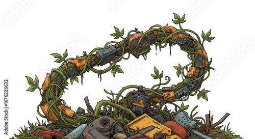 Nature reclaims technology: circular vines weaving through rusty metal pipes