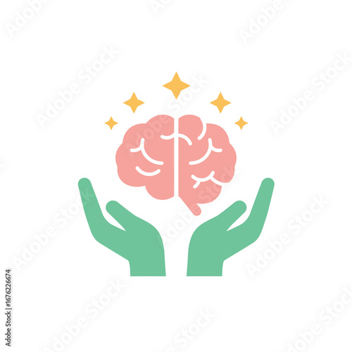 Minimalist icon of green hands holding a sparkling pink brain symbolizing mental health care.