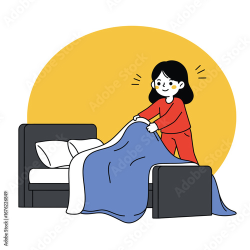 Cute cartoon girl in red pajamas making her bed a simple line art illustration of a daily chore.
