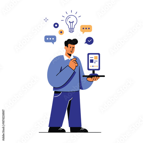 Pensive man in a blue sweater holding a tablet brainstorming with a lightbulb and speech bubbles.