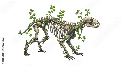 Species fusion: canine skeleton intertwined with nature's vines
