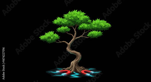 Magnetically charged tree with lush green canopy on dark background