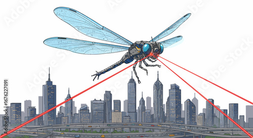 Futuristic cybernetic dragonfly with laser eyes soars above modern city skyline
