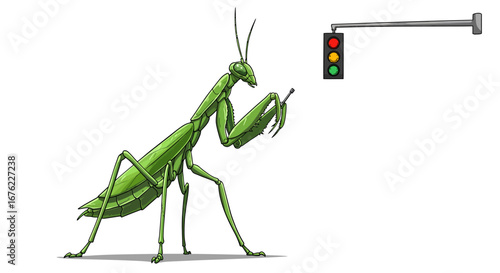 Praying mantis and traffic light: humorous concept illustration