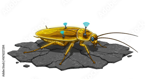 Futuristic cybernetic insect on cracked ground with antennas and wireless signals