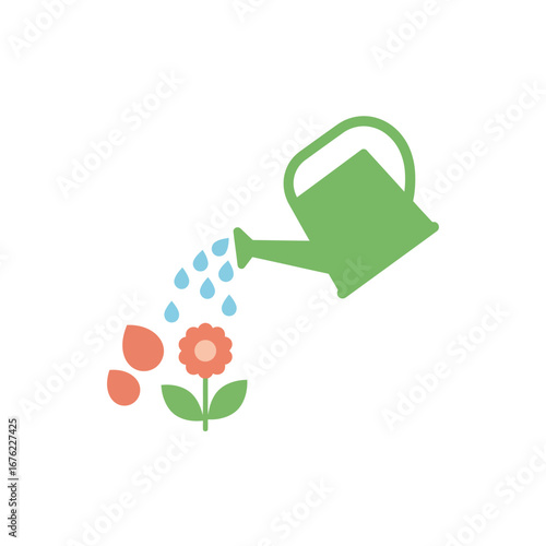 Minimalist green watering can pouring blue water droplets on a small orange flower and seeds.