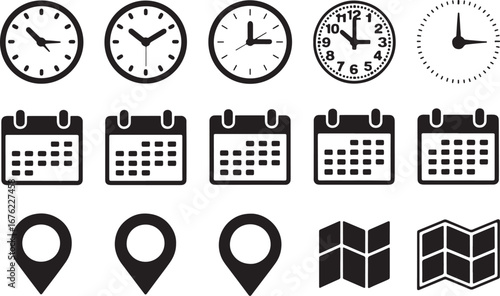 Collection of Icons Representing Time Location and Planning clock