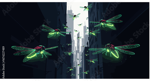 Futuristic neon fireflies swarming in a dark urban alleyway