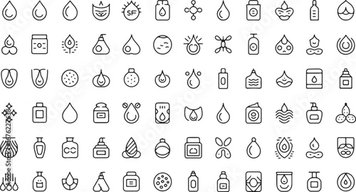 Large collection of simple line art icons for beauty skincare and cosmetic products vector illustration