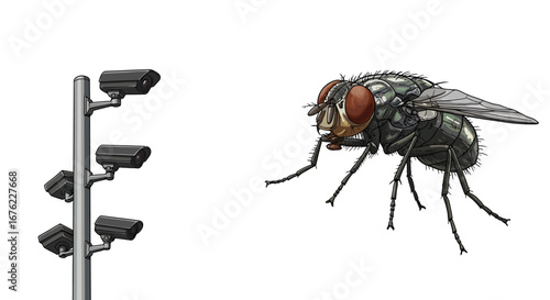 Surveillance cameras observing housefly in detailed contrast