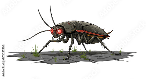 Futuristic cockroach with glowing eyes on cracked surface