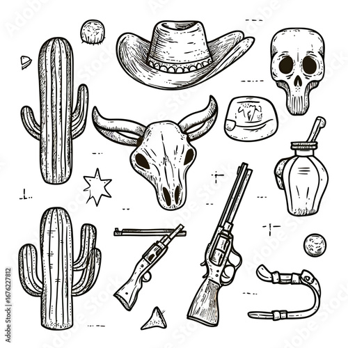Hand drawn western cowboy doodle set with cactus, revolver pistols, animal skulls, sheriff badge, hat, powder flask, and knife in vintage sketch style vector