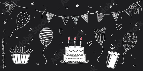 Hand drawn birthday cake with three lit candles, balloons, party flags, gift box, confetti and hearts on chalkboard background celebration doodle vector illustration