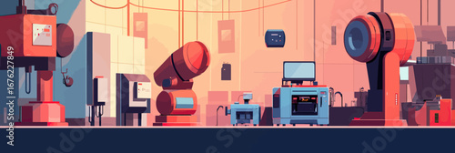 Automated robotic manufacturing factory interior with industrial robot arms and 3D printer machines in modern production line setting vector illustration