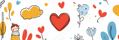 Hand drawn cute child doodle with colorful hearts, flowers, clouds, and abstract playful elements in minimalist flat vector style background for children design and decoration