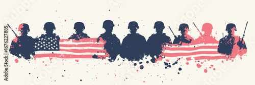 Silhouettes of soldiers united with American flag textured background in red white blue patriotic minimalist grunge style illustration for Independence Day celebration