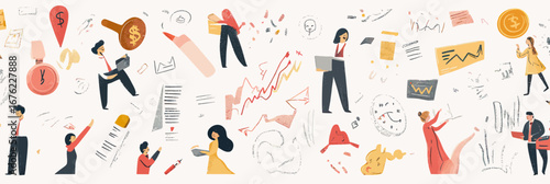 Business people investing and trading stocks with financial charts, graphs, money symbols, and business documents in flat minimalist vector style illustration