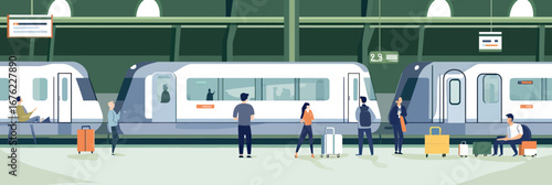 Modern city train platform with diverse passengers waiting for regional train departure at central station in flat minimal vector style illustration