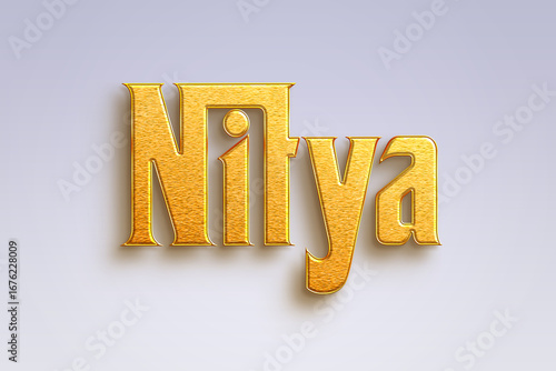 Gold text effect of Hindi name Nitya on light-blue background.