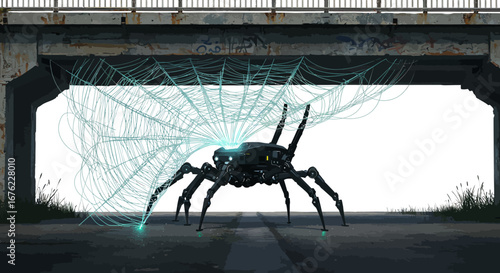 Futuristic robotic spider weaving digital web under urban bridge
