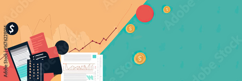 Flat design business finance investment concept with rising stock graph, coins, financial charts, documents, and calculator on blue and orange background vector illustration