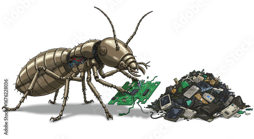 Cybernetic termite with electronic waste pile depicting technology's impact on environment