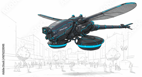 Futuristic police drone hovering over cityscape in detailed line art