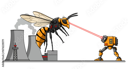 Giant mecha bee battles robot defender in futuristic power plant showdown